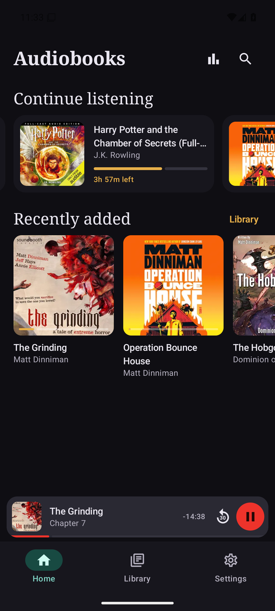 The Prosody home screen with a continue listening row and a recently added row of covers, and a mini player pinned to the bottom.