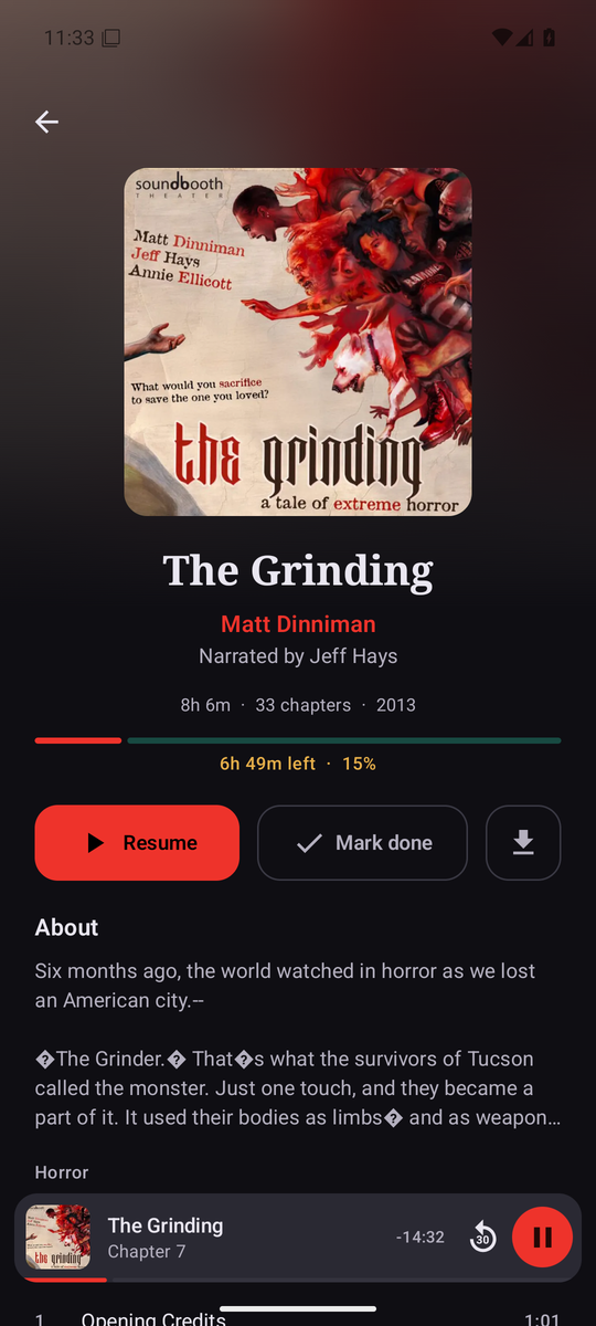 A book page in Prosody showing cover, author, narrator, length, chapter count, progress, and Resume, Mark done and download buttons.