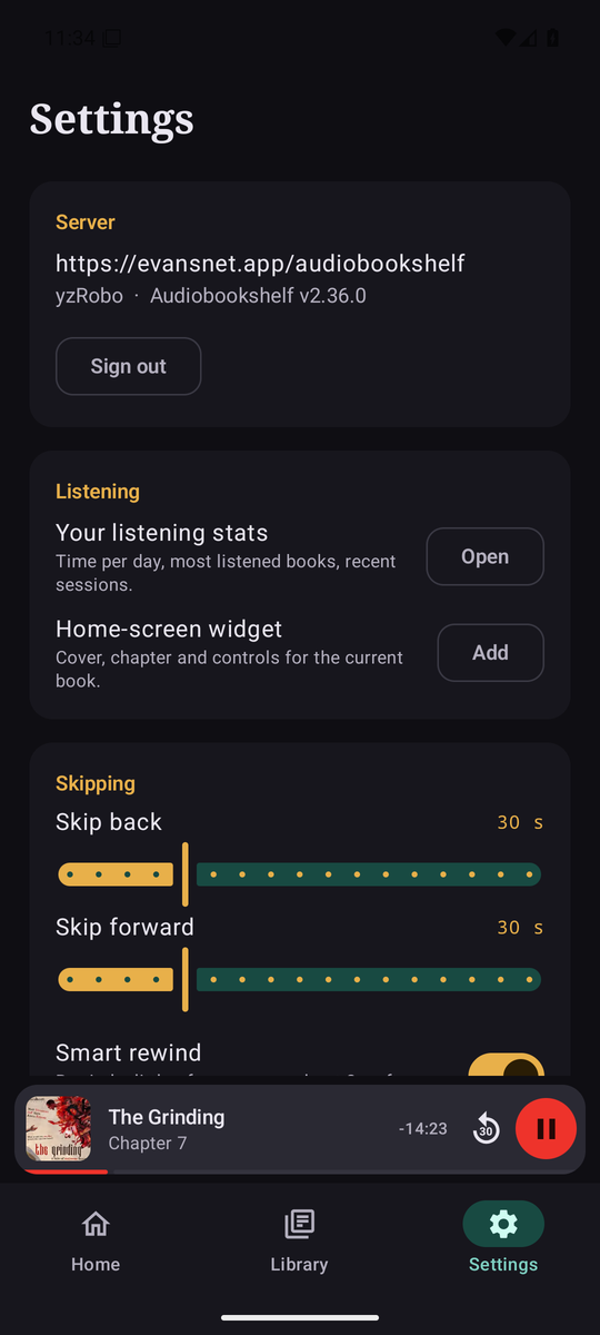 Prosody settings with the connected server, listening options, the home-screen widget, and sliders for skip back and skip forward lengths.